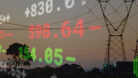 power lines at sunset with animation of stock market numbers in foreground