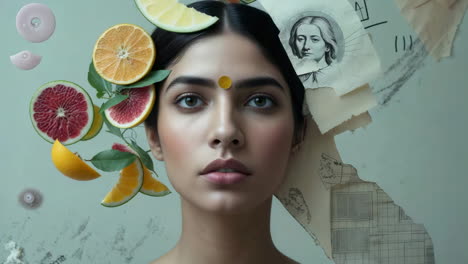 surreal portrait of a woman with citrus fruits and artistic elements