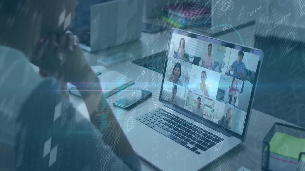 People participating in virtual meeting over digital network connections animation