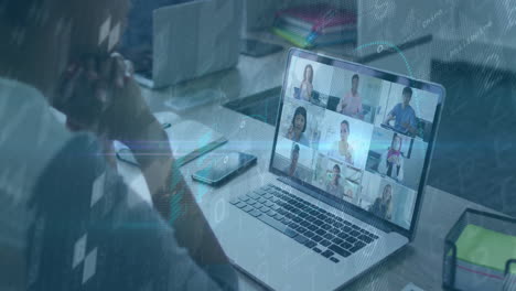 people participating in virtual meeting over digital network connections animation