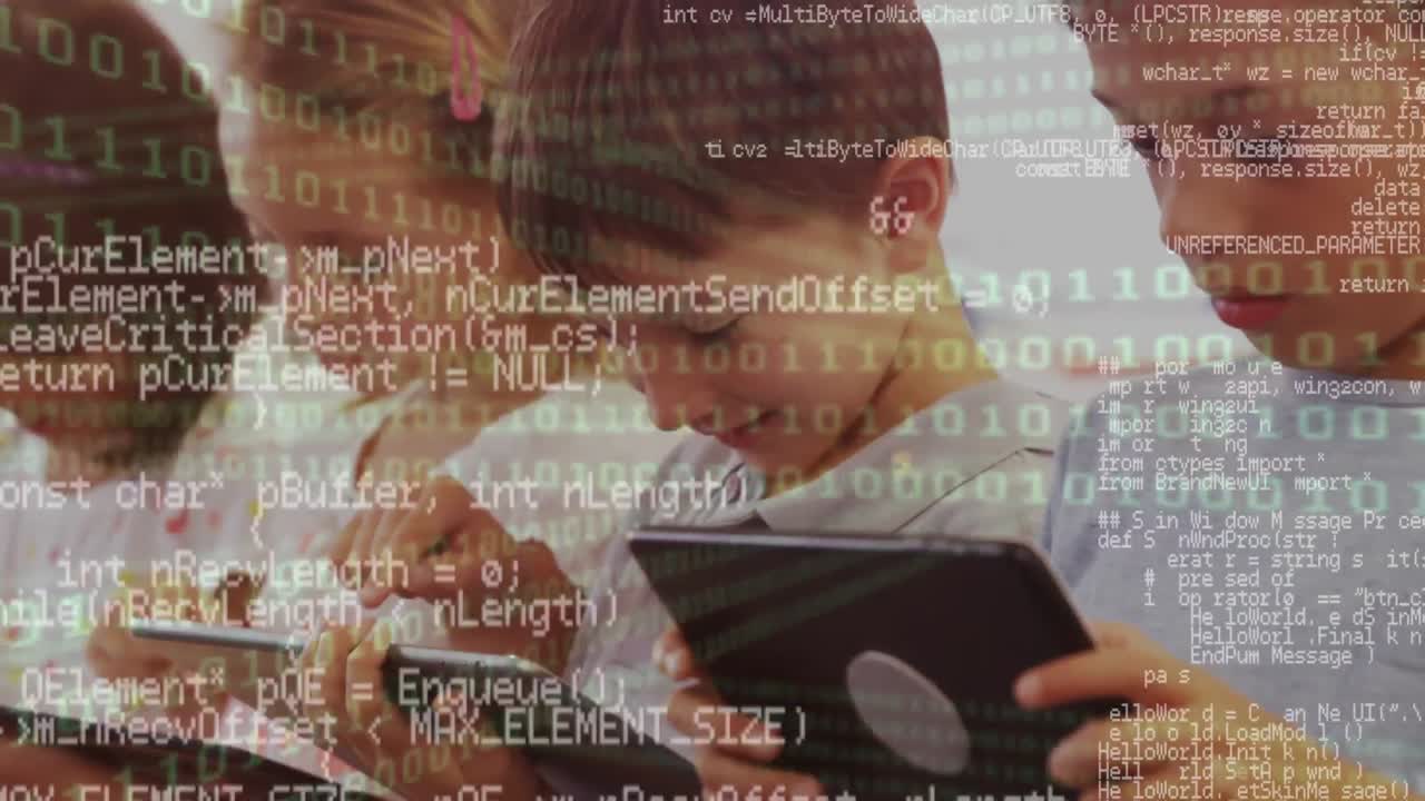 composición digital de procesamiento de datos de codificación binaria contra un grupo de estudiantes que usan tableta digital