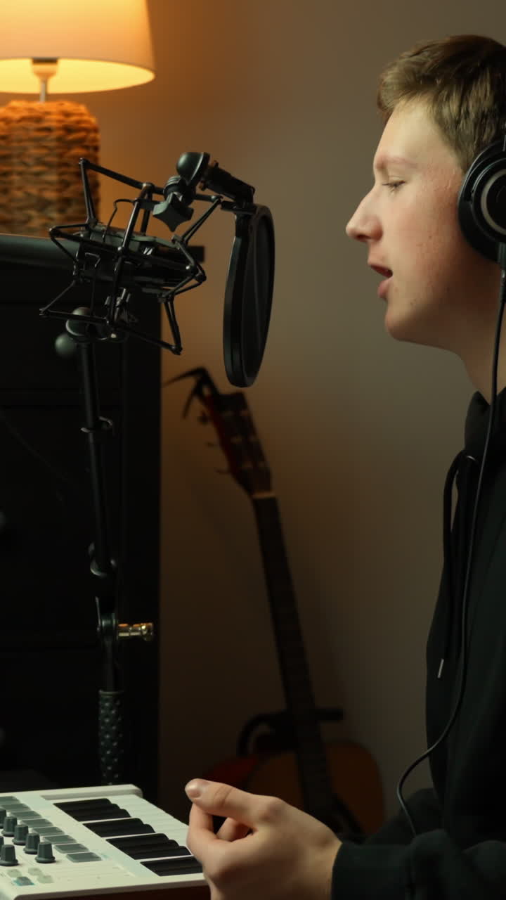 Musikproducer producerer sanger, der indspiller vokal i et svagt hjemmestudie med varm belysning, vertikalt