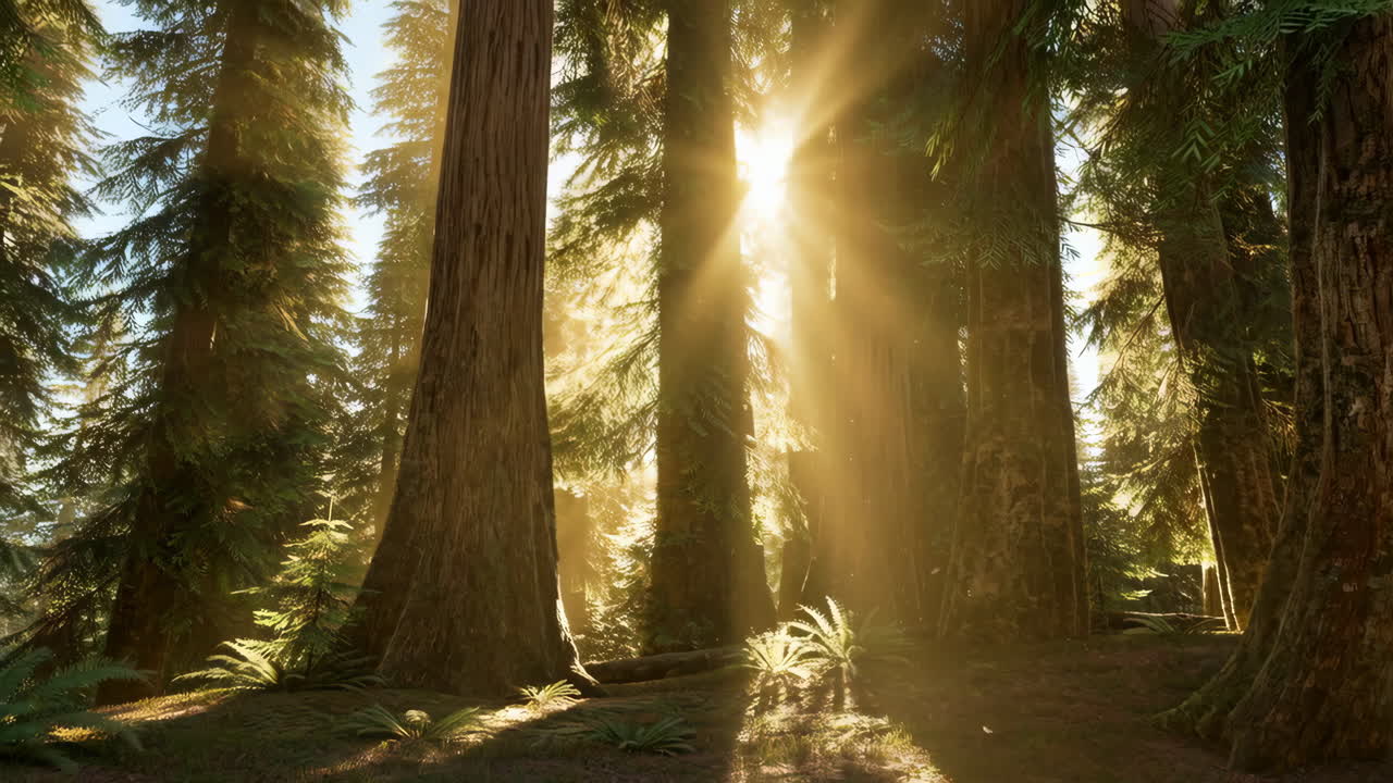 La luce del sole attraverso la foresta di sequoie