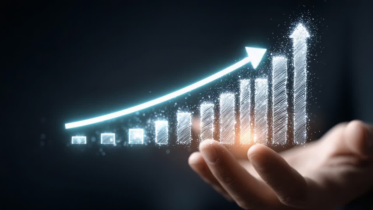 Visual Representation of Business Growth and Progress: A Hand Holding a Sparkling Graph Indicating Upward Trends and Achievements in Performance Metrics