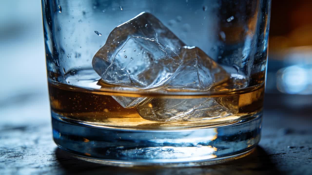 Il secondo cubetto di ghiaccio che cade fa inclinare il primo cubetto all'interno di un bicchiere tumbler basso, gocce di liquore ambrato