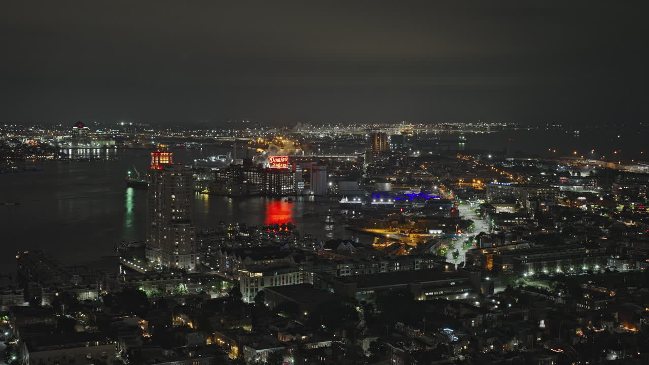 Baltimore Maryland Aerial v74 flyover Federal Hill capturing riverside neighborhoods, Patapsco River's colorful reflections and urban cityscape at night - Shot with Inspire 3 8k - Sept 28th 2023