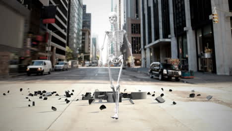 human skeleton walking and pound currency symbol falling and breaking on city street