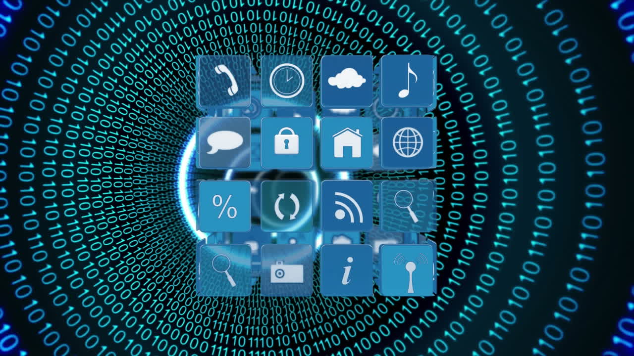 y iconos de aplicaciones en línea con códigos binarios