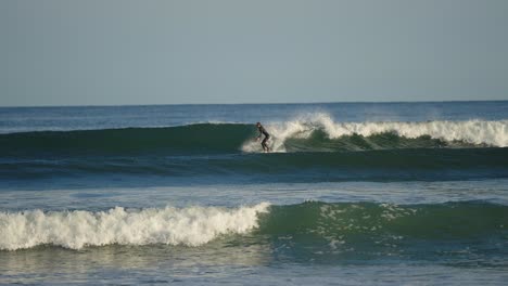 surfer rides a wave in a wetsuit on a short board