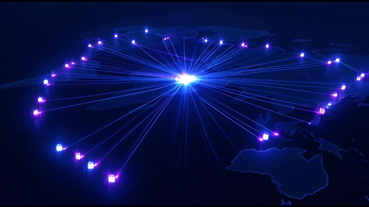 Global Network Connections Spreading Across World Map with Glowing Lights
