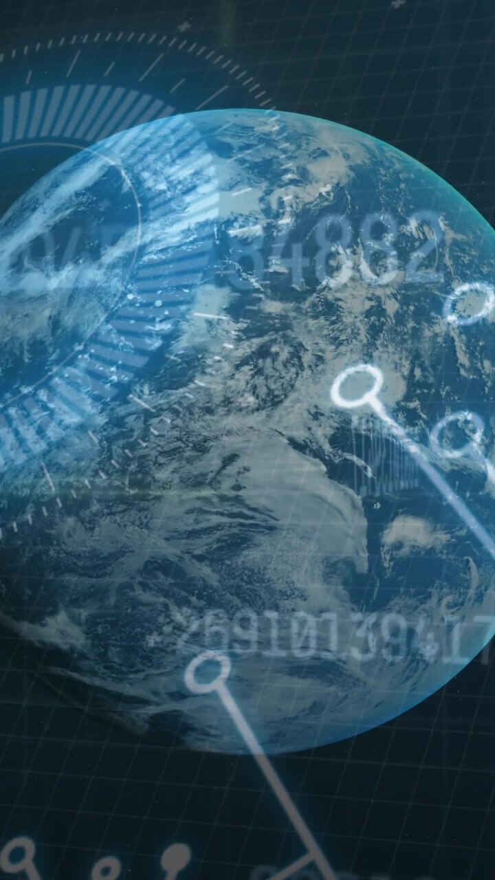 Animation of data processing, globe spinning with computer circuit board in background