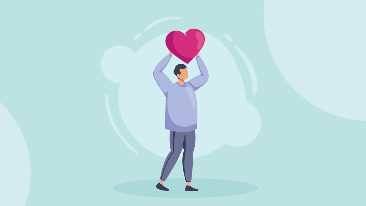 남자 자원봉사자가 심장을 들어올리는 애니메이션