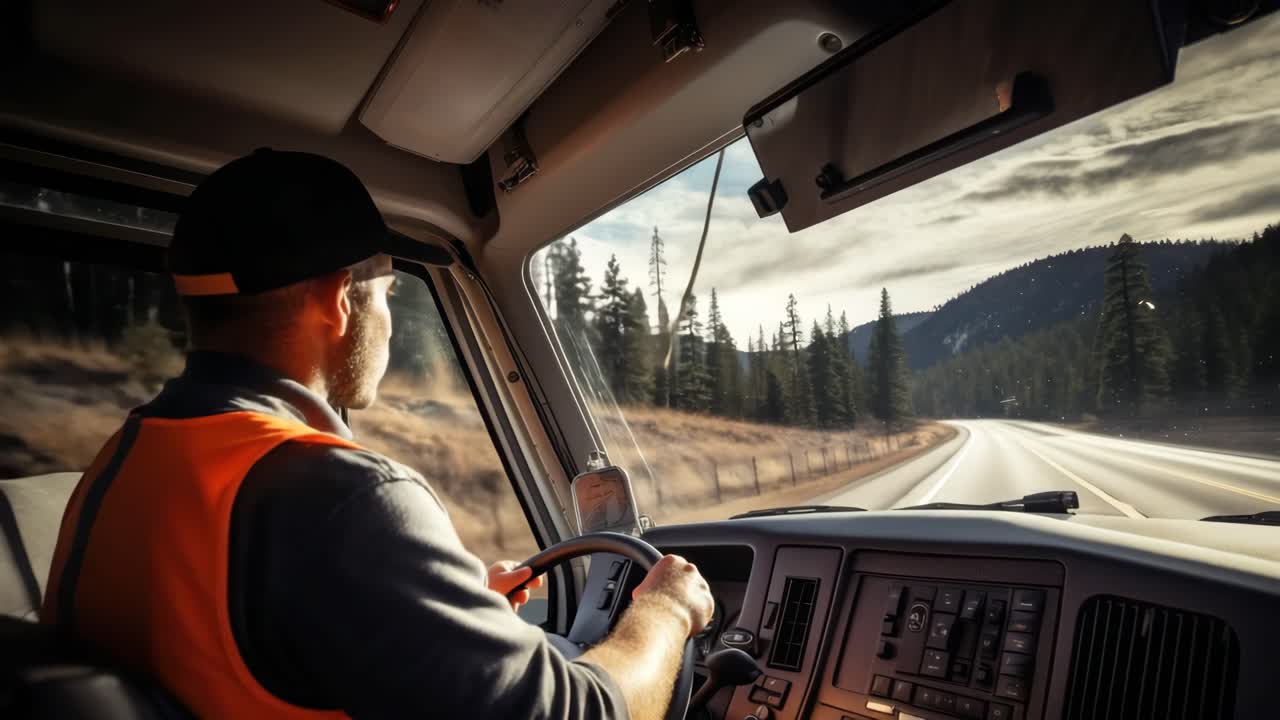 POV shot from inside a truck cabin, capturing a driver in an orange vest navigating a scenic