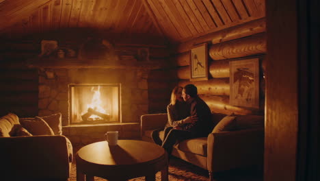 couple cozying up by the fireplace in a log cabin