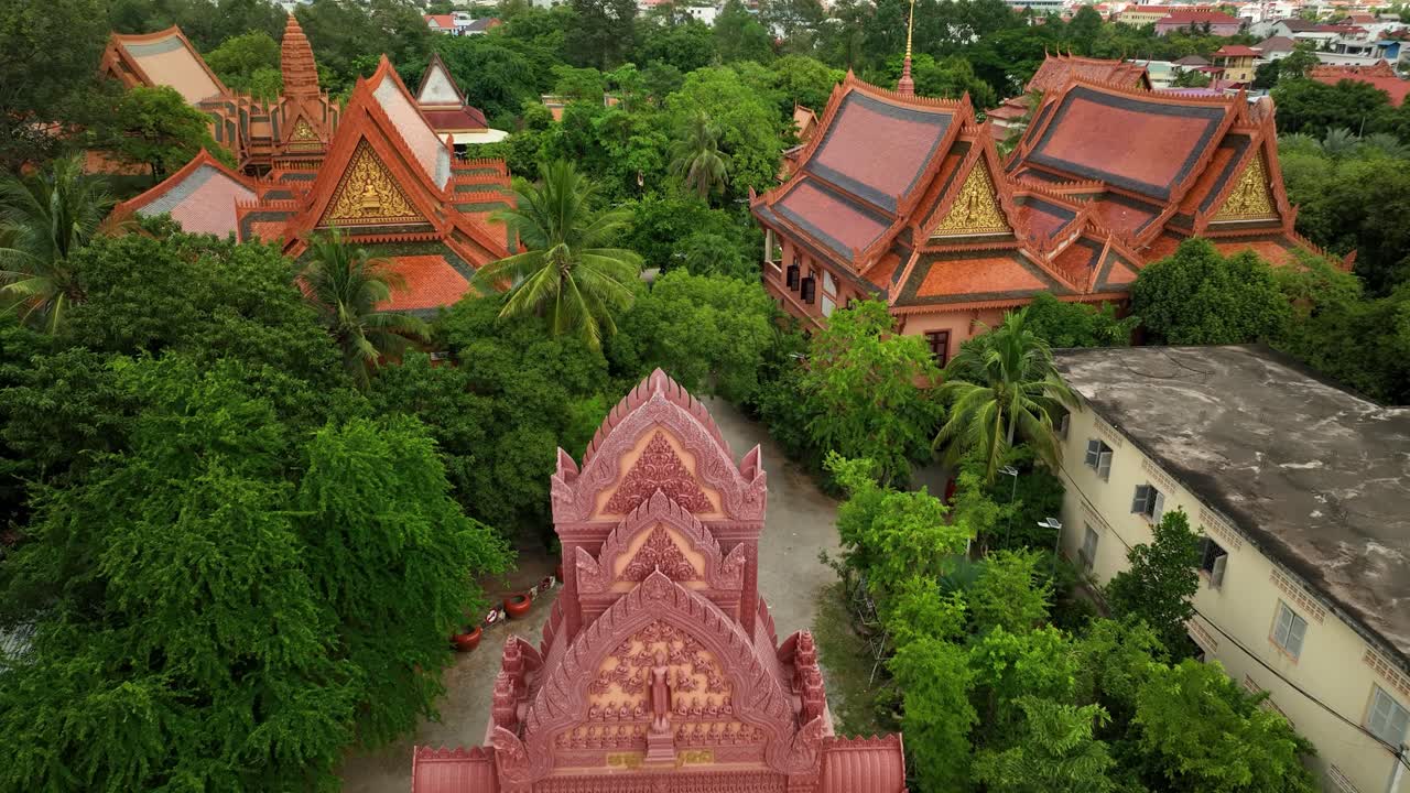 Wat bo temple in siem reap, showcasing traditional cambodian architecture and greenery, aerial view