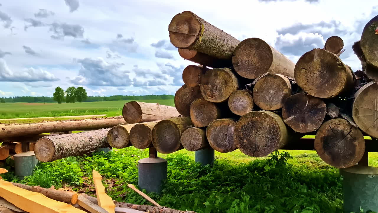 Large stack of cut logs neatly placed on outdoor supports in rural field