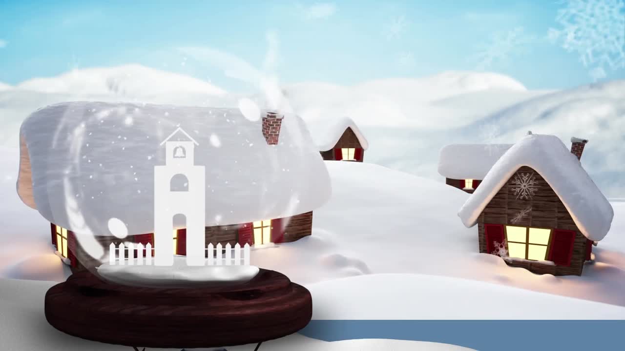 소나무 위에 있는 크리스마스 스노우 글로브의 애니메이션.