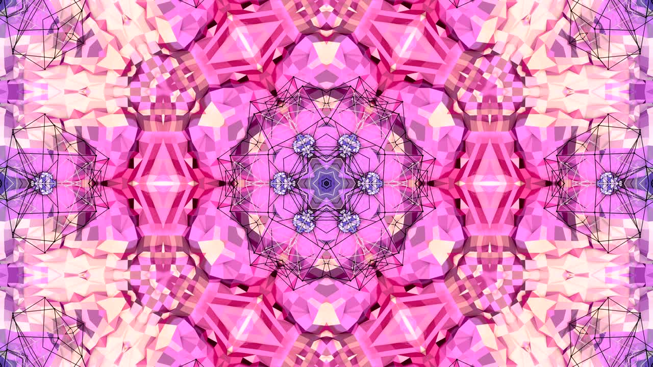 fondo abstracto poli geométrico bajo como un efecto de vidriera o caleidoscopio en movimiento en 4k. animación 3d de bucle, imágenes sin costuras en el popular estilo poli bajo. color violeta v28