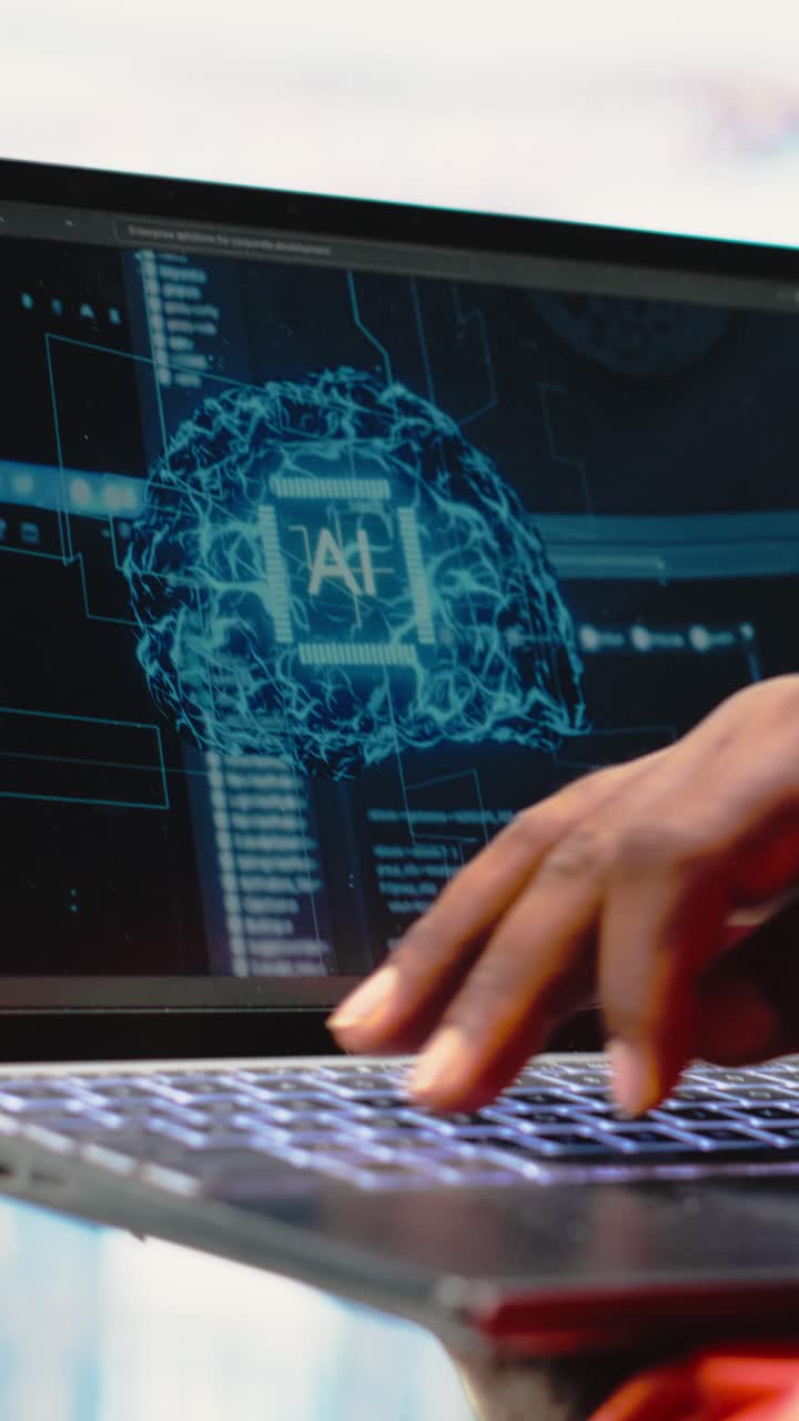 Vertical video Close up of offshore platform professional using AI tech software on laptop