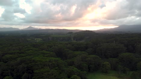 vista aérea cinematográfica que revela una exuberante selva tropical, ríos y montañas verdes con nubes al atardecer