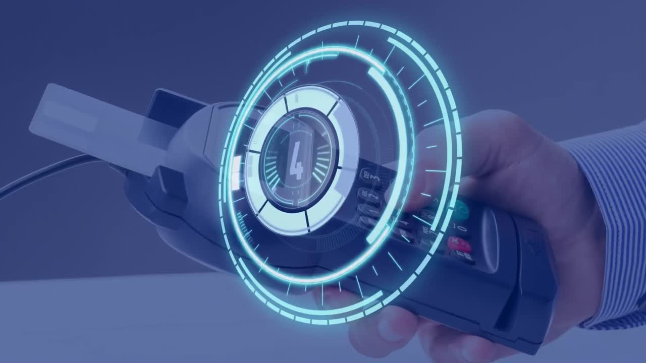 Animation of scope scanning with countdown over payment terminal