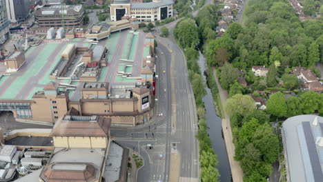 Aerial-drone-shot-empty-city-in-Covid-lockdown-no-cars-on-road-and-no-people