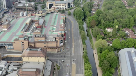 aerial drone shot empty city in covid lockdown no cars on road and no people