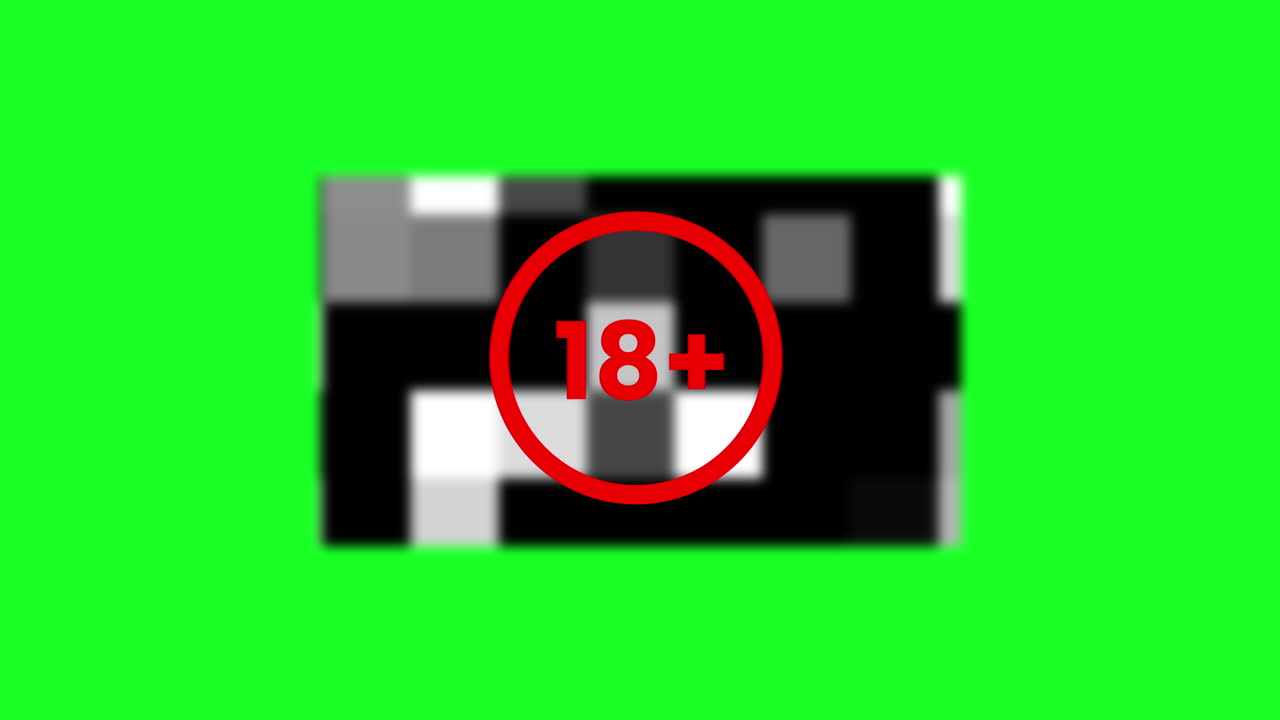 Avviso di restrizione per età 18+ con contenuto pixelato su schermo verde