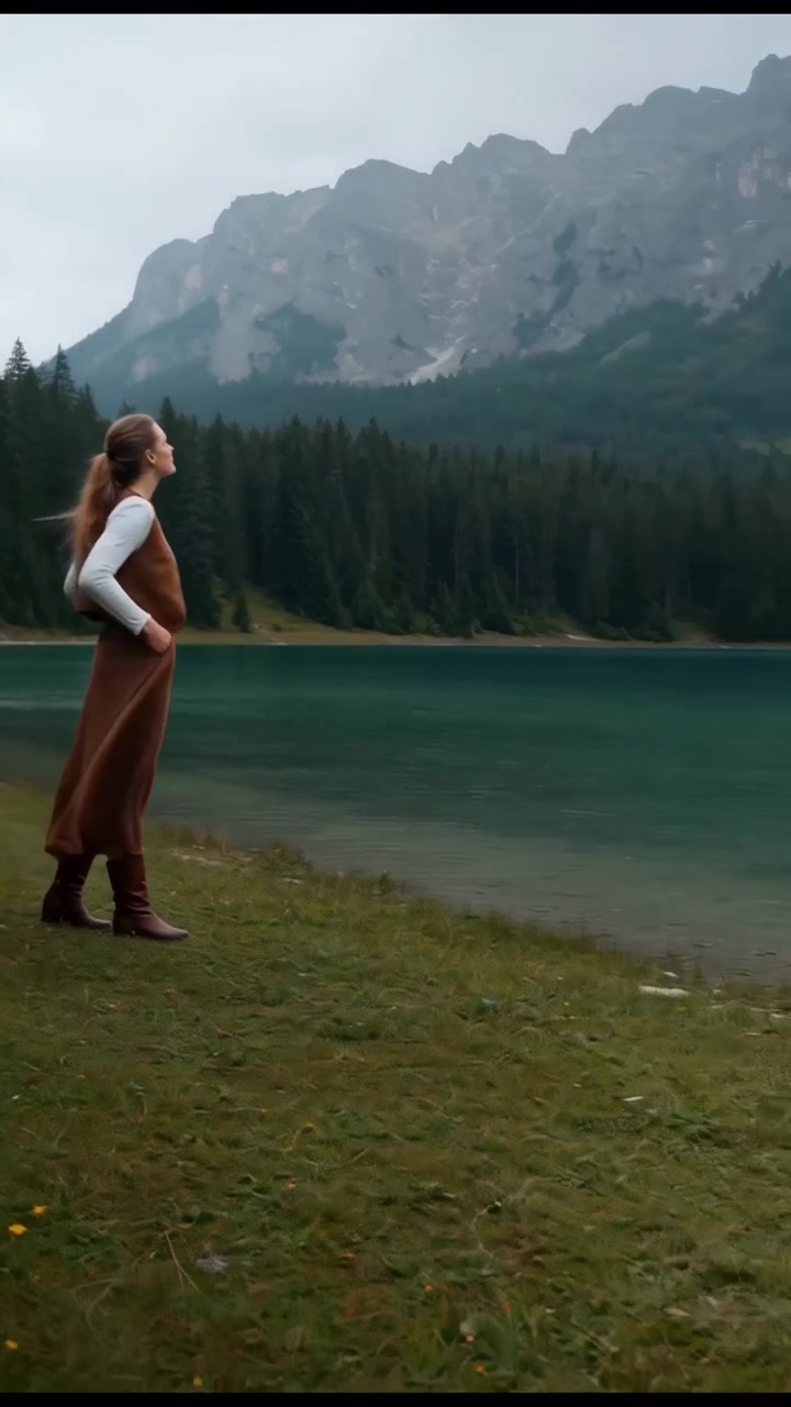 Adult woman walking beside a quiet lakeshore bordered by grass, pine forest, and distant mountain peaks beneath soft overcast light in a peaceful natural