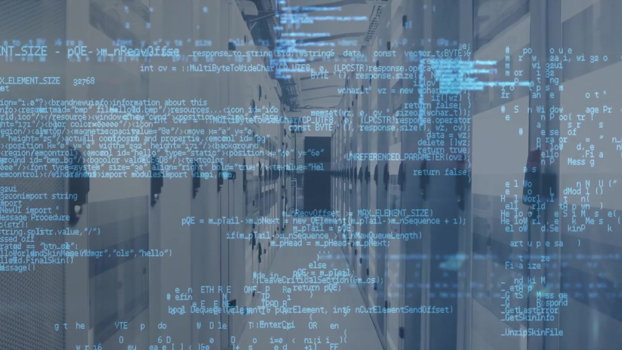 Animation of data processing and light trails against computer server room