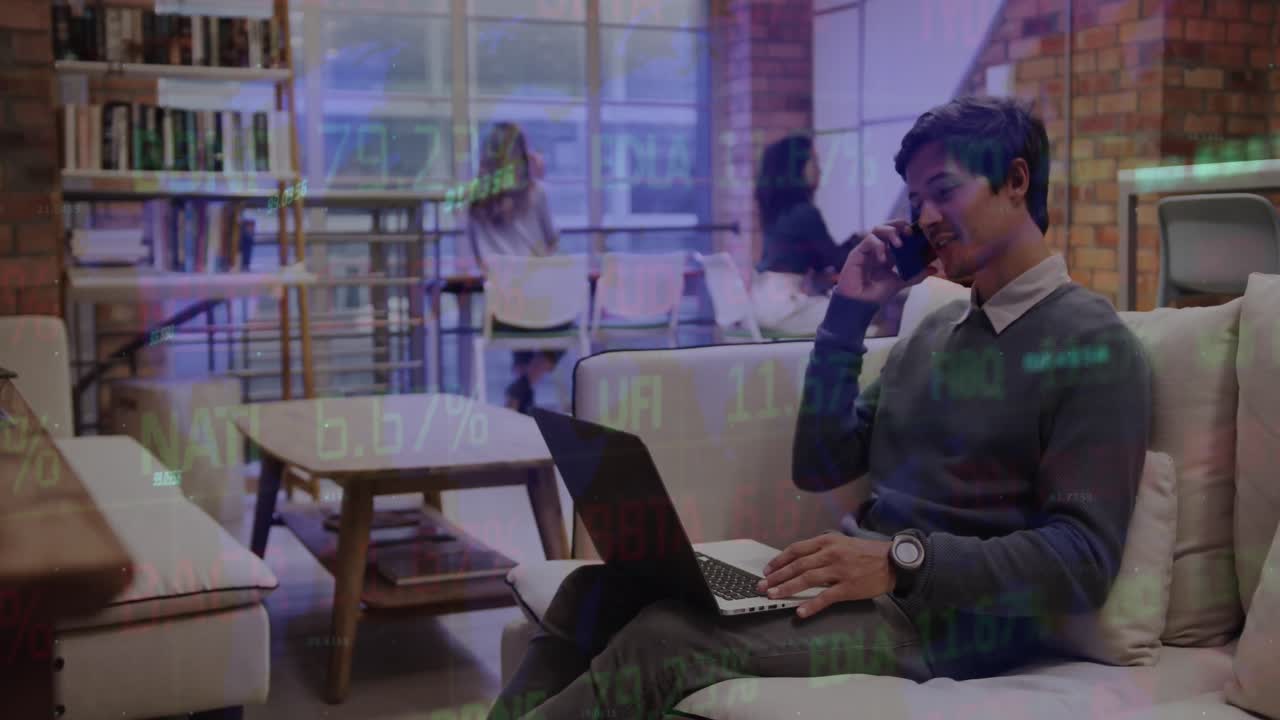Animation of statistics and data processing over caucasian businessman using smartphone and lapotp