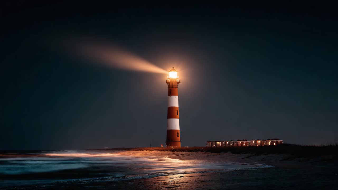 Un faro maestoso si erge alto nel cielo notturno, illuminando le onde con il suo faro luminoso e guidando le navi in sicurezza verso la costa in un sereno paesaggio costiero