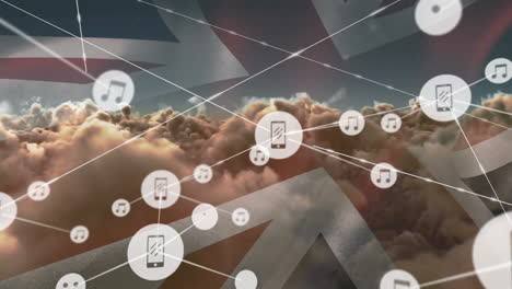 animation of network of connection and icons over uk flag and cloudy sky