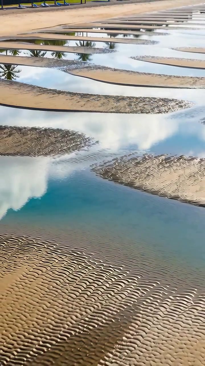 Vertical video: Camera panning showing crescent sandbars, tidal pools on shore, palm reflections