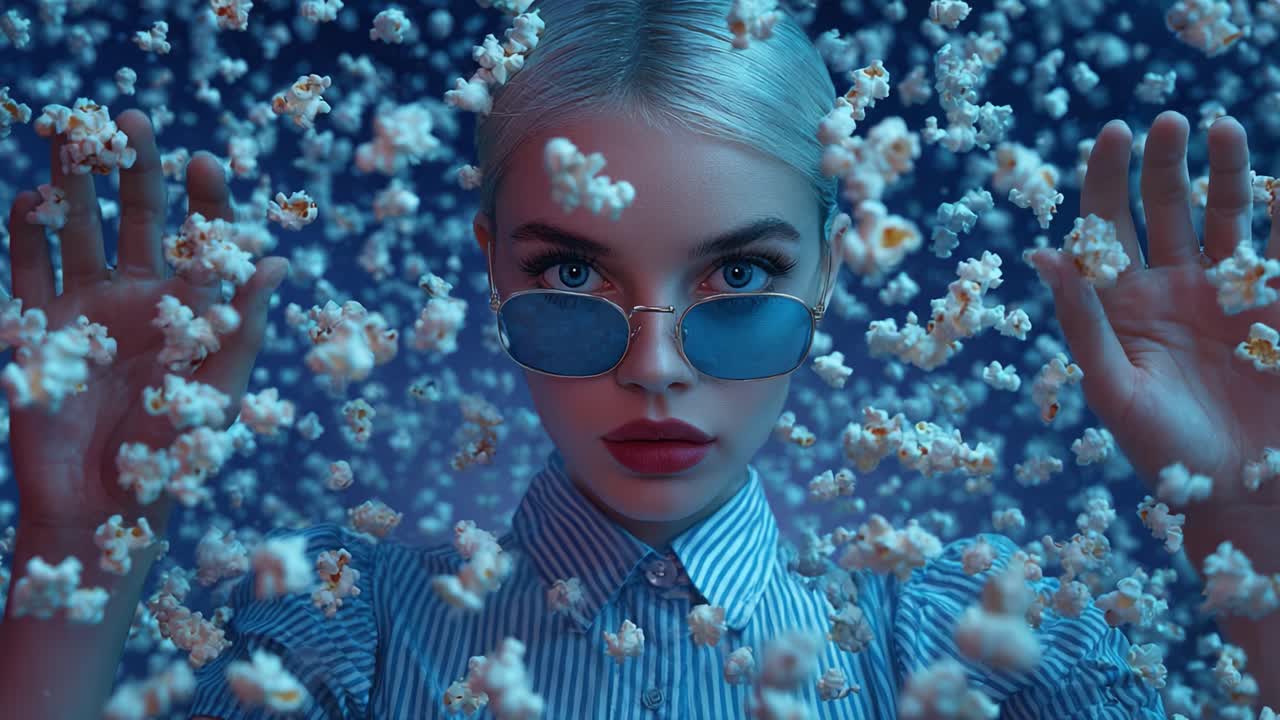 A Captivating Portrait of a Young Woman Surrounded by Floating Popcorn, Exuding Style and Elegance in a Playful, Dreamlike Setting and Rich Color Palette