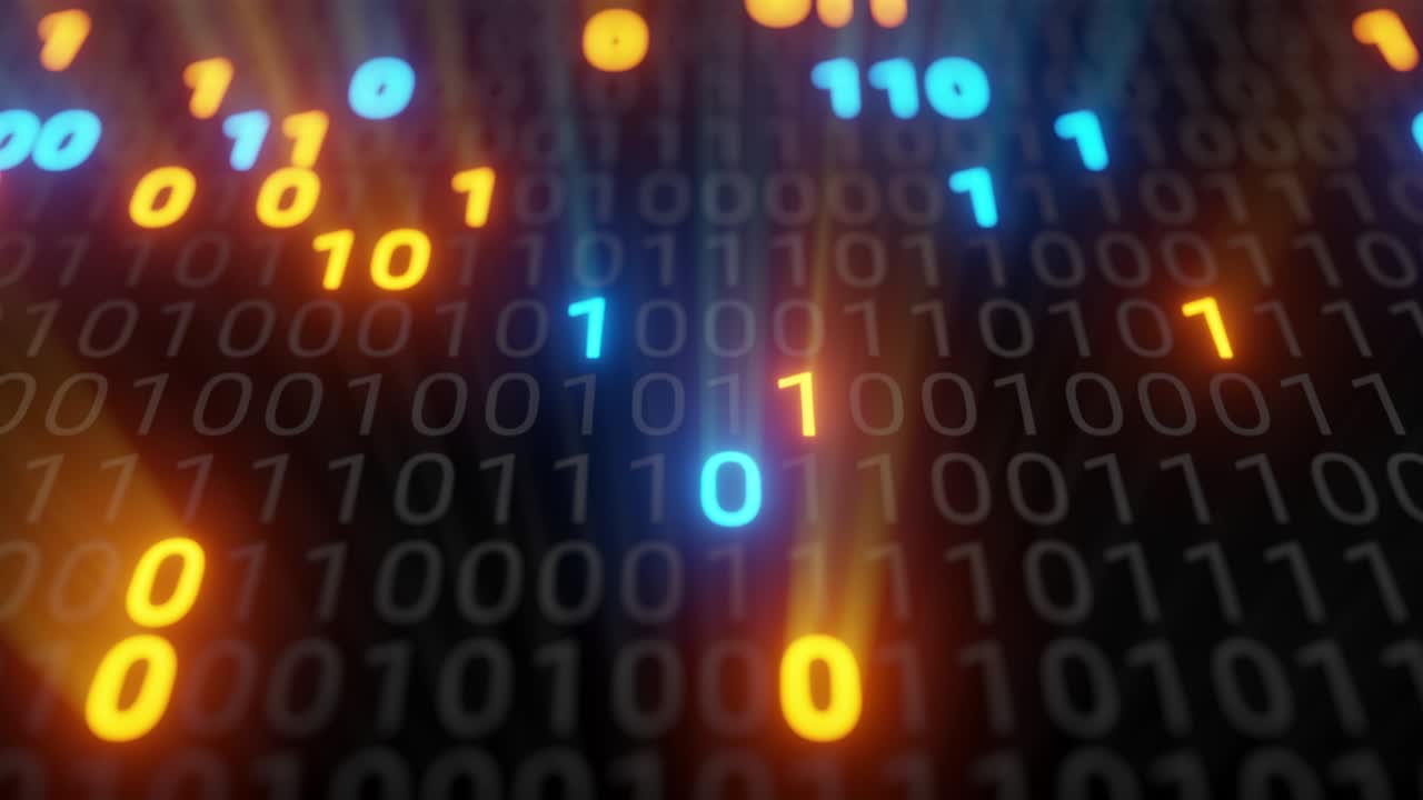 Abstract seamless blue and orange digital binary code matrix background VJ loop with flare.