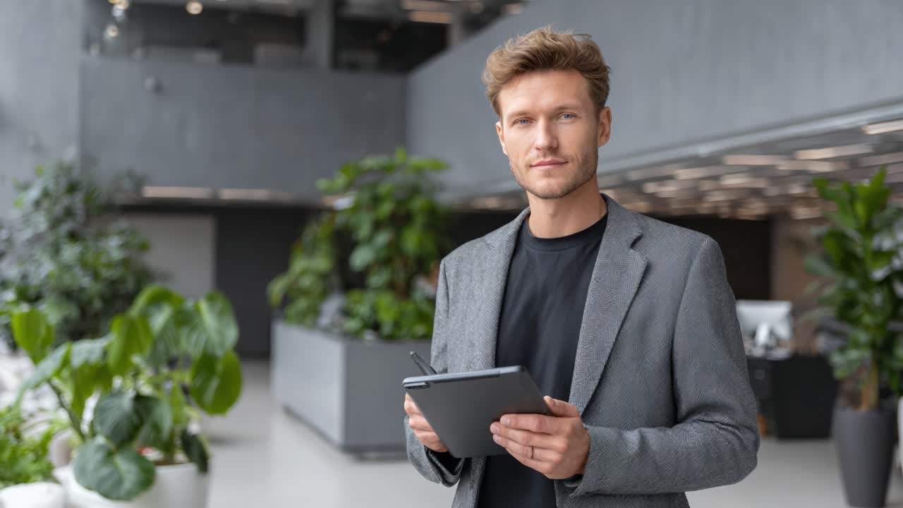 Professional Young Man Engaged in Thoughtful Discussion While Holding a Tablet in a Modern Office Space Surrounded by Plants and Contemporary Design Elements