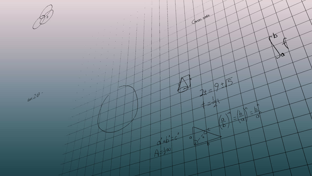 그래디언트 회색 배경에 대한 그리드 네트워크를 통해 수학적 방정식의 애니메이션