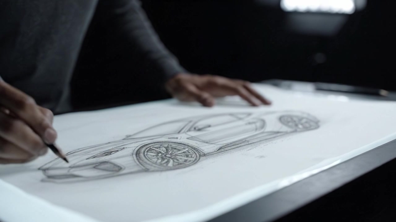A skilled artist meticulously sketches a detailed automotive design on translucent paper, showcasing the intricacies of modern car engineering and creativity.
