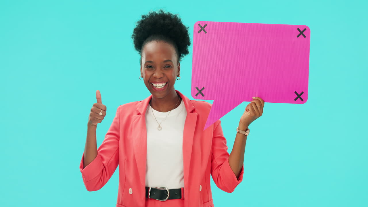 Black woman, face and speech bubble thumbs up