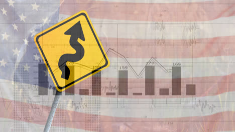 animation of financial data processing over road sign and flag of usa