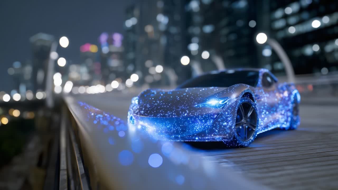 Futuristische elektrische sportwagen verlicht door neonlichten, met een prachtige mix van technologie en design tegen een stedelijke nachtelijke skyline