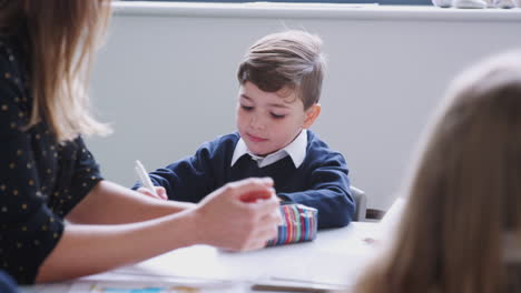 female teacher sitting at a table with schoolchildren in a primary school lesson, selective focus