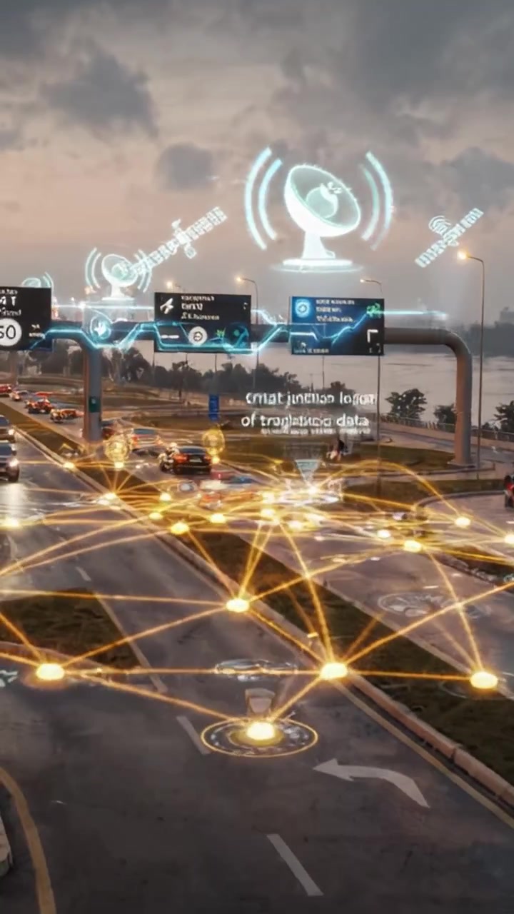 Sistemi avanzati di gestione del traffico in contesti urbani che mostrano l'integrazione di dati in tempo reale e il coordinamento dei veicoli in un ambiente cittadino moderno.