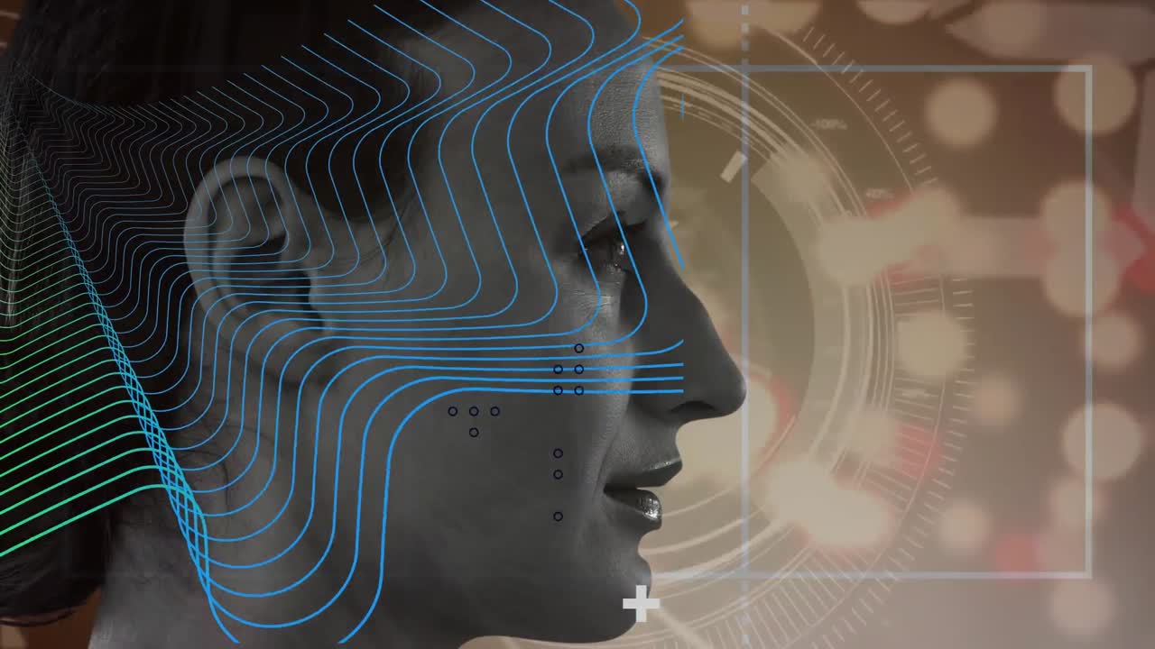 Animation of scope and network of connections over woman face