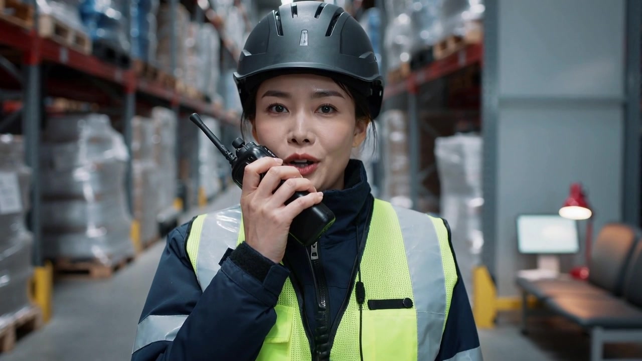 Sollevando la radio, un operatore asiatico ci parla dentro in un corridoio di magazzino, dirigendo i pallet, con casco e giubbotto.