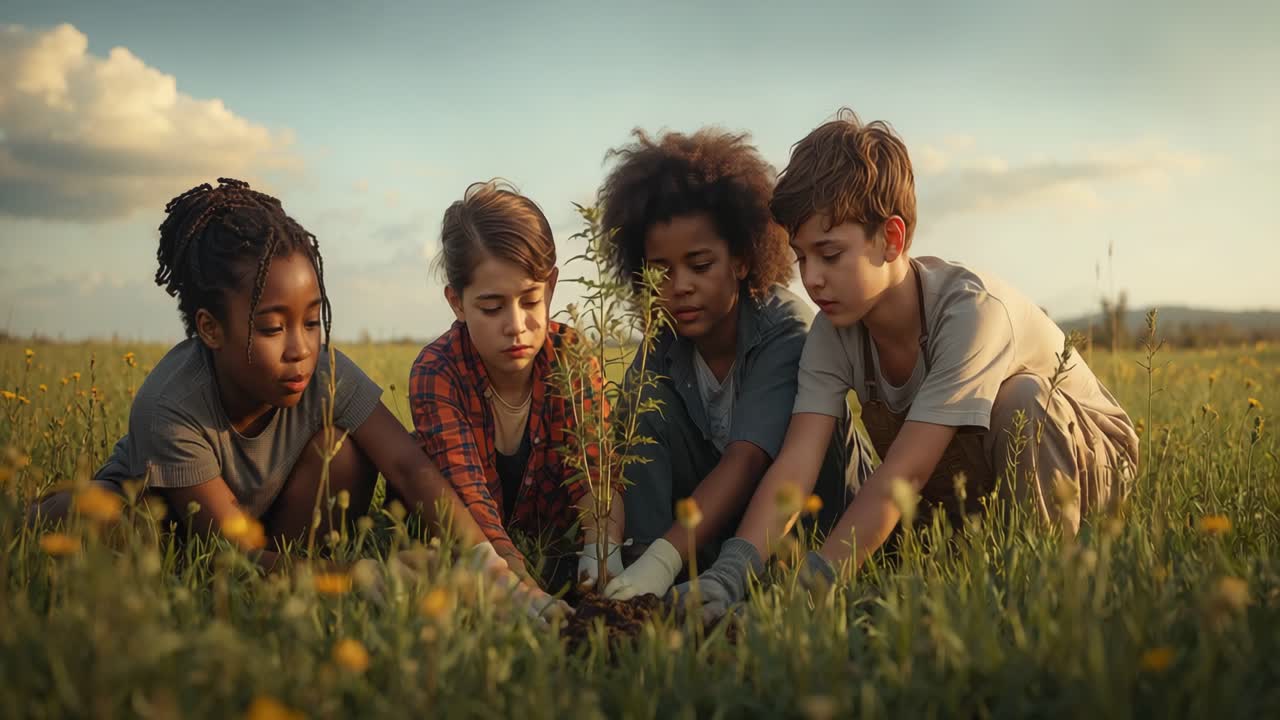 Children Planting a Tree Together in a Field