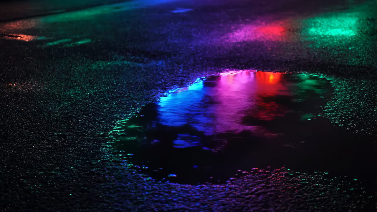 Colorful Light Reflections in a Night Puddle on Asphalt