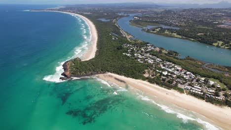 fingal headland and tweed river on fingal head coast in new south wales, australia. aerial shot