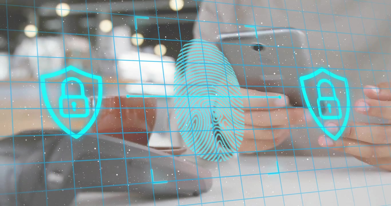 Man lifting smartphone, generating security grid and scanning fingerprint, locks indicating access